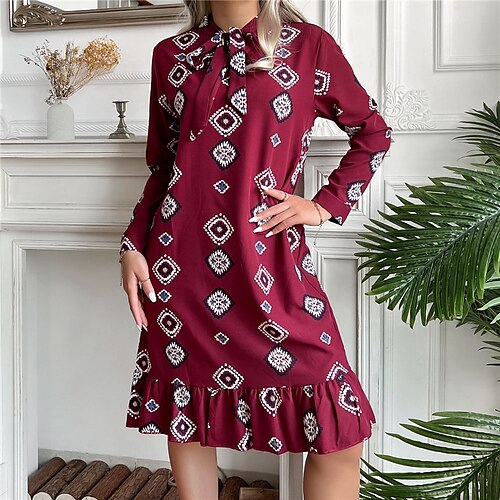 

Women's Shift Dress Short Mini Dress Wine Long Sleeve Geometric Print Spring Summer Round Neck Casual Vacation Vintage 2022 M L XL XXL