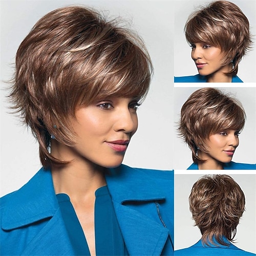 

Short Brown Pixie Cut Wigs for White Women Brown with Blonde Highlight Wig with Bangs Natural Wavy Synthetic Short Hair Wig
