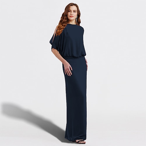 

A tubino Abito da cerimonia per signora Taglia forte Elegante Con decorazione gioiello Lungo Chiffon Mezza manica con Fascia / fiocco in vita Spacco sul davanti 2023