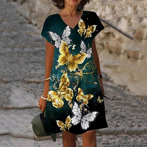

Women's Shift Dress Knee Length Dress Green Short Sleeve Butterfly Animal Print Spring Summer V Neck Stylish Casual 2022 S M L XL XXL 3XL