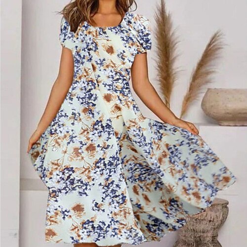

Women's A Line Dress Knee Length Dress Blue Short Sleeve Floral Print Spring Summer V Neck Casual 2022 S M L XL XXL 3XL 4XL 5XL