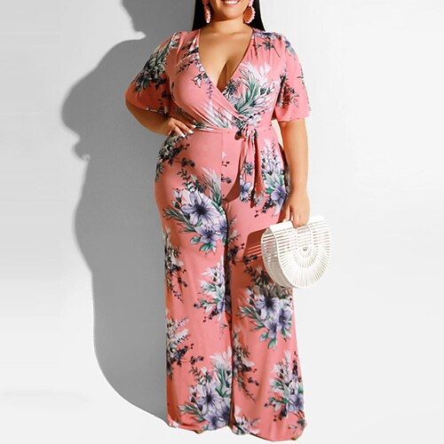 

Women's Plus Size Curve Jumpsuit Print Floral Streetwear Casual Daily High Full Length Spring Summer Pink XXL 3XL 4XL 5XL