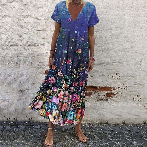 

Women's Shift Dress Maxi long Dress Blue White Short Sleeve Floral Print Spring Summer V Neck Elegant Casual Vacation 2022 S M L XL XXL 3XL