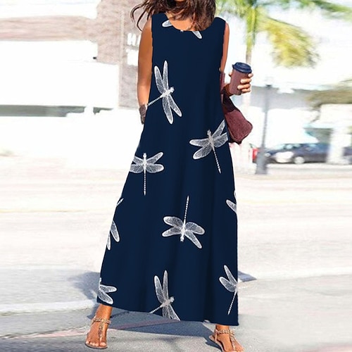 

Damen A Linie Kleid Maxikleid Marineblau Ärmellos Tier Tasche Bedruckt Frühling Sommer Rundhalsausschnitt Stilvoll Alltag Urlaub 2022 S M L XL XXL 3XL