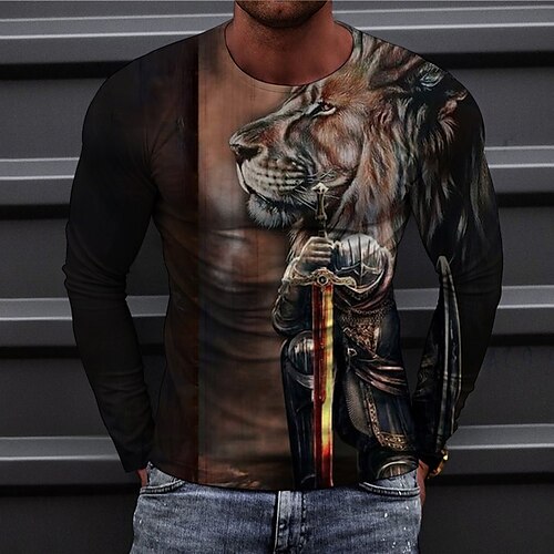 

Men's Unisex T shirt 3D Print Graphic Prints Lion Animal Crew Neck Daily Holiday Print Long Sleeve Tops Casual Designer Big and Tall Coffee