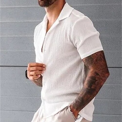 

Men's Shirt Solid Color Turndown White Outdoor Street Short Sleeve Button-Down Clothing Apparel Fashion Casual Breathable Comfortable