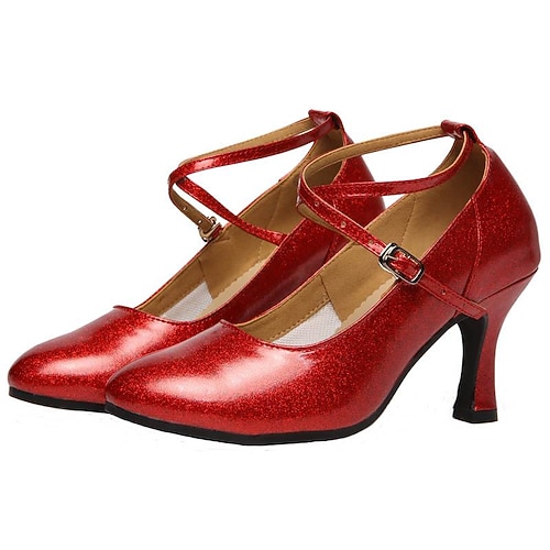 

Women's Modern Shoes Ballroom Shoes Outdoor Ballroom Dance Party / Evening Glitter Solid Color Flared Heel Black Silver Gold Buckle Cross Strap