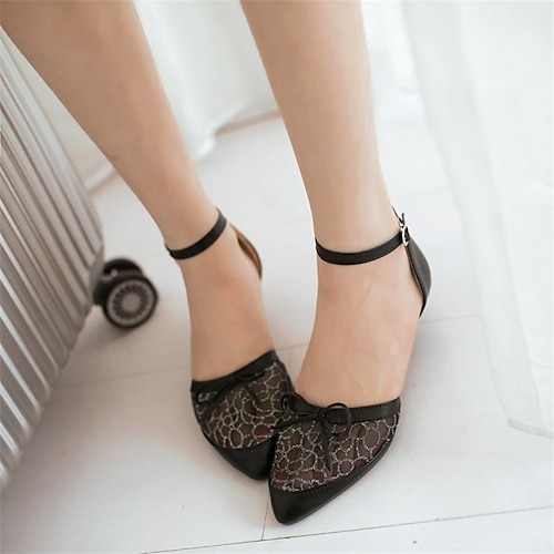 

Mujer Tacones Diario Verano Pajarita Tacón Bajo Dedo Puntiagudo Minimalismo Cuero PU Tira de tobillo Color sólido Negro Beige