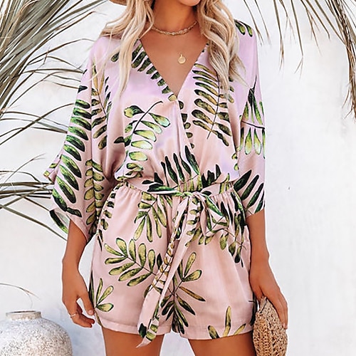 

Women's Romper Print Print V Neck Casual Daily Regular Fit 3/4 Length Sleeve Pink S M L Summer