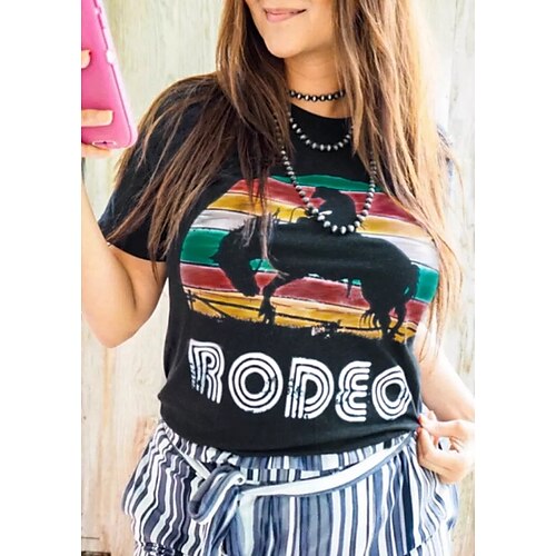 

Women's Cat Painting T shirt Text Animal Print Round Neck Basic Tops Black