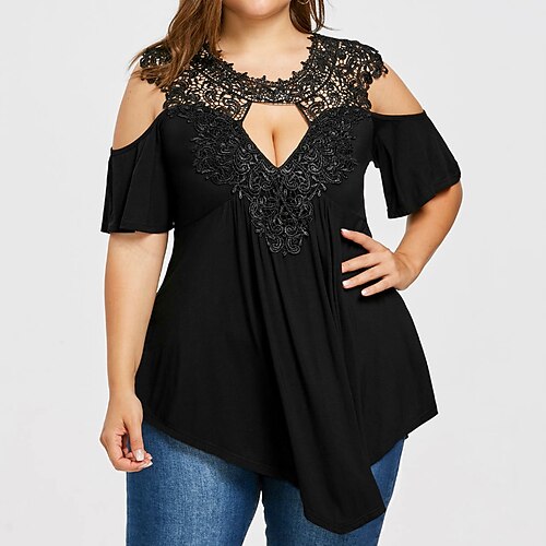 

Women's Plus Size Tops Blouse Plain Cut Out Lace Short Sleeve Crewneck Streetwear Daily Going out Polyester Spring Summer Black