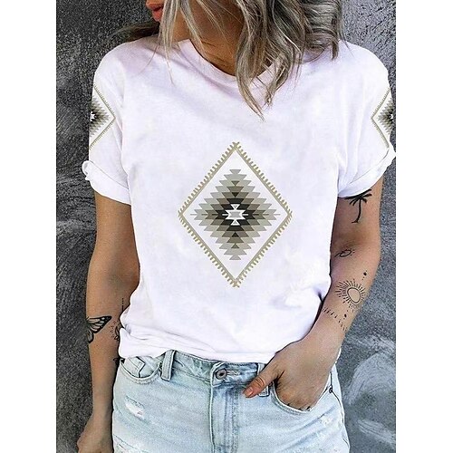 

Women's Geometric T shirt Plaid Tribal Patchwork Print Round Neck Ethnic Vintage Beach Tops White / 3D Print