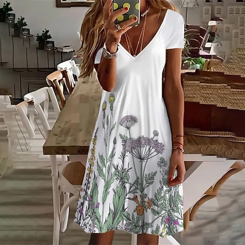 

Women's Casual Dress Short Mini Dress White Short Sleeve Floral Print Spring Summer V Neck Casual 2022 S M L XL XXL 3XL