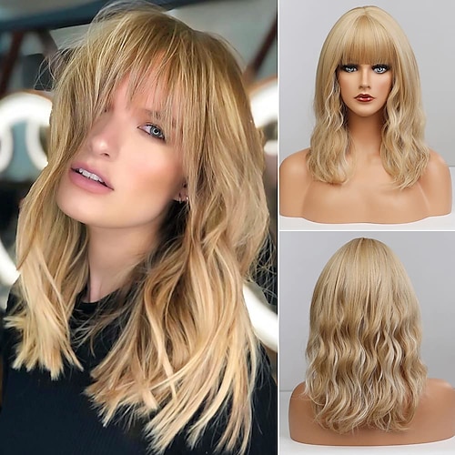 

Bogsea Blonde Wig with Bangs Short Wavy Blonde Wigs for Women Shoulder Length Wave Wig Wavy Synthetic Heat Resistant Hair Natural Looking Medium Length Wigs for Daily Wear (Blonde) 18 inch