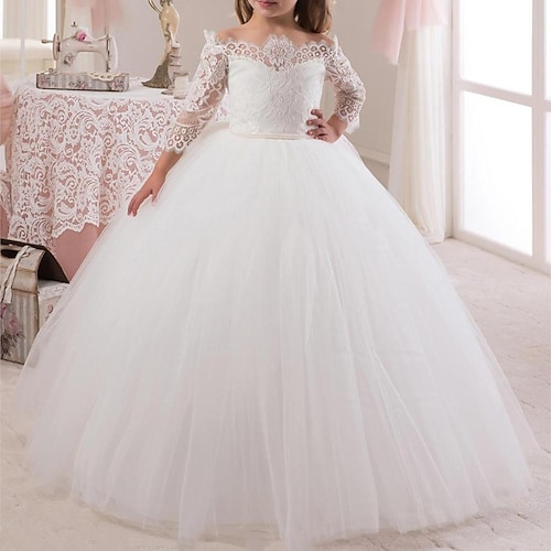 

Wedding Party Princess Flower Girl Dresses Off Shoulder Floor Length Polyester / Cotton Blend Winter Fall with Faux Pearl Lace Cute Girls' Party Dress Fit 3-16 Years