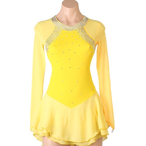 

Figure Skating Dress Women's Girls' Ice Skating Dress Burgundy Yellow Open Back Patchwork Mesh High Elasticity Training Practice Professional Skating Wear Classic Crystal / Rhinestone Long Sleeve Ice