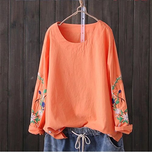 

Women's Plus Size Tops Blouse Shirt Floral Embroidered Long Sleeve Crewneck Streetwear Daily Going out Cotton Spring Summer Blue White