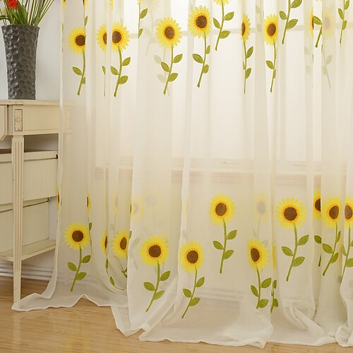 

Paneles de cortina transparente de girasol, cortinas con ojales/ojetes para sala de estar, dormitorio, cortina de granja bordada para cocina, balcón, puerta, ventana, tratamientos, oscurecimiento de