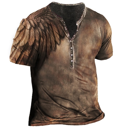 

Men's T shirt Tee Henley Shirt Tee Graphic Feather Henley Khaki 3D Print Plus Size Outdoor Daily Short Sleeve Button-Down Print Clothing Apparel Basic Designer Casual Classic / Summer / Summer