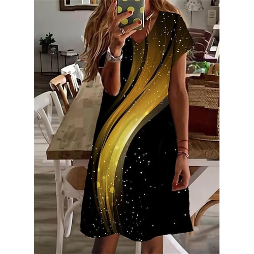 

Women's Casual Dress Shift Dress Yellow Short Sleeve Color Gradient Print Spring Summer V Neck Loose Fit 2022 S M L XL XXL 3XL