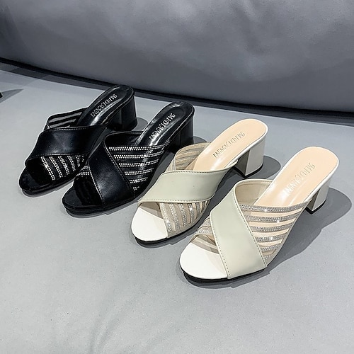 

Women's Mules Plus Size Heeled Mules Sparkling Glitter Chunky Heel Open Toe Elegant Casual Daily Synthetics Loafer Spring Summer Solid Colored Black Beige