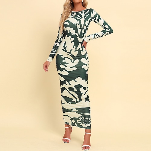

Women's Sheath Dress Maxi long Dress Green Long Sleeve Abstract Print Spring Summer Crew Neck Stylish Hot Elegant 2022 S M L XL