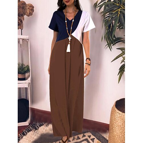

Women's Casual Dress Long Dress Maxi Dress Green Purple Light Grey Short Sleeve Color Block Print Spring Summer Crew Neck 2022 S M L XL 2XL 3XL