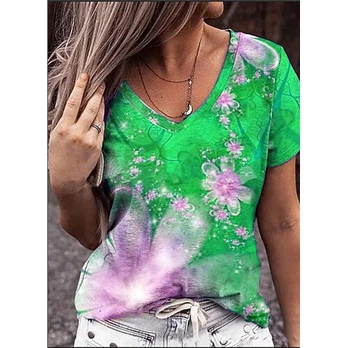 

Women's Floral Theme Painting T shirt Floral Print V Neck Basic Tops Green Blue Gray / 3D Print
