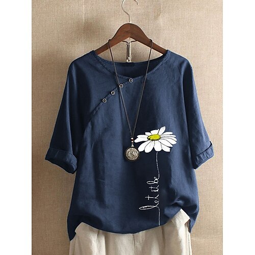 

Women's Floral Theme Blouse Shirt Floral Print Round Neck Tops Green Red Navy Blue