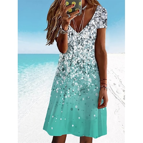 

Women's A Line Dress Knee Length Dress Green Short Sleeve Color Gradient Print Spring Summer V Neck Basic 2022 S M L XL XXL 3XL / 3D Print