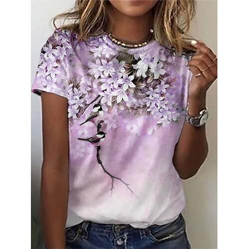 

Women's T shirt Flower Bird Patchwork Print Round Neck Basic Tops Purple / 3D Print