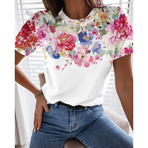 

Damen T Shirt Weiß Gelb Rosa Blumen Bedruckt Kurzarm Casual Festtage Basic Rundhalsausschnitt Standard Blume Farbe S