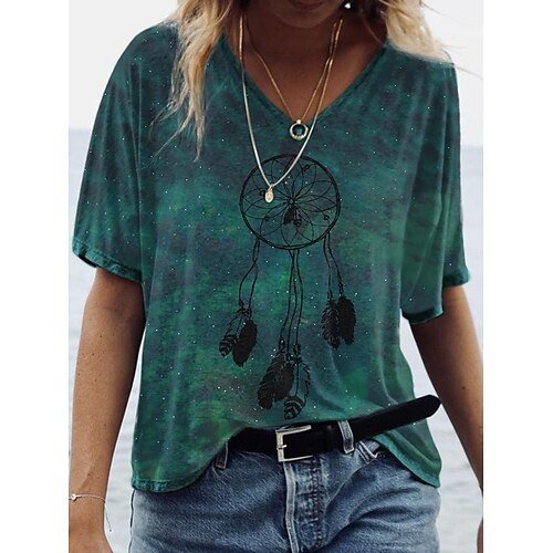 

Women's T shirt Tee Color Gradient Graphic Patterned Casual Daily T shirt Tee Short Sleeve V Neck Basic Essential Ethnic Vintage Green S / 3D Print