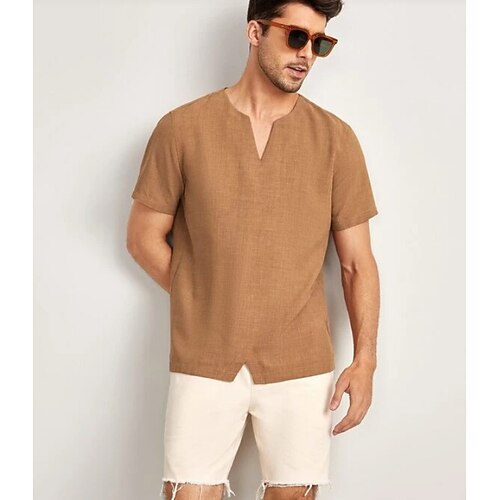 

Men's Shirt Solid Color Turndown Holiday Short Sleeve Tops Casual Classic Camel / Summer