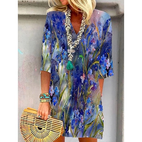 

Women's A Line Dress Short Mini Dress Blue 3/4 Length Sleeve Floral Ruched Print Spring Summer V Neck Elegant Casual 2022 S M L XL XXL