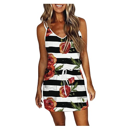 

Women's Strap Dress Short Mini Dress Green White Red Long Sleeve Floral Striped Print Spring Summer Spaghetti Strap Casual 2022 S M L XL XXL