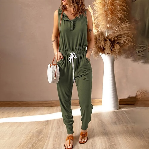 

Women's Jumpsuit Lace up Button Solid Color V Neck Casual Street Casual Regular Fit Sleeveless Blue Black Gray S M L Spring