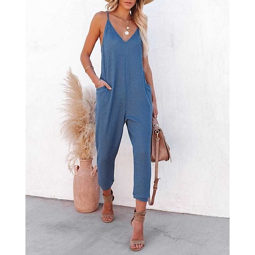 

Women's Jumpsuit Pocket Solid Color V Neck Casual Daily Vacation Straight Regular Fit Spaghetti Strap Blue Pink Dark Gray S M L Spring