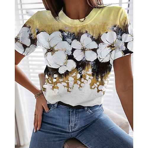 

Women's Floral Theme Painting T shirt Floral Print Round Neck Basic Tops Blue Pink Orange / 3D Print