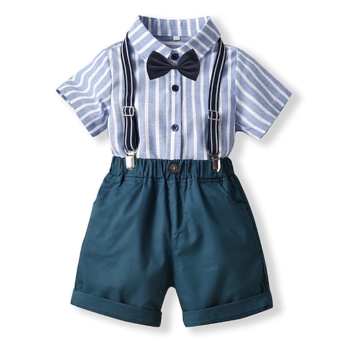 

4 Pieces Kids Boys Shirt & Shorts Clothing Set Outfit Stripe Short Sleeve Ruched Cotton Set Formal Active Gentle Spring Summer 2-6 Years Light Blue