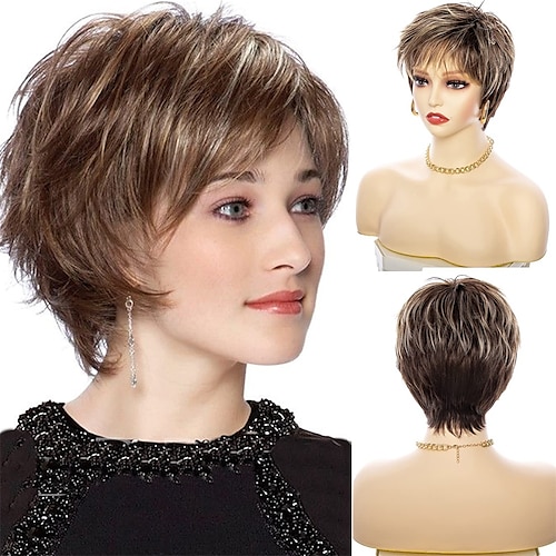 

Short Brown Wig Pixie Cut Wig With Bangs for White WomenShort Straight Pixie Cut Wig Brown Wig for Womens Short Wigs Synthetic Hair Wig Natural Ombre Mixed Brown Highlight Wig