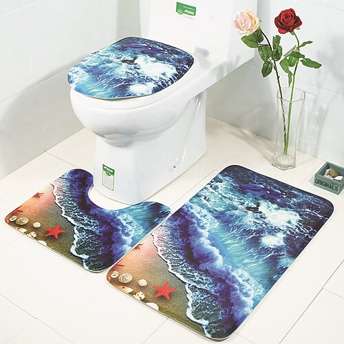

3pcs Set Ocean Dolphins Sea Turtles Coral Print Bathroom Mat Set Toilet Cover Flannel Soft Seat Lid Cover Pedestal Rug Carpet