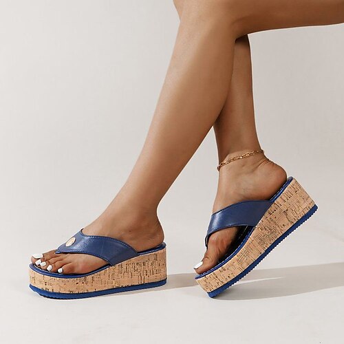 

Women's Slippers Daily Wedge Sandals Platform Sandals Plus Size Summer Wedge Heel Open Toe Casual PU Leather Loafer Solid Colored Black Khaki Blue