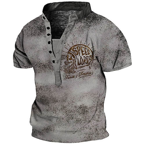 

Men's Henley Shirt Tee T shirt 3D Print Graphic Letter Plus Size Stand Collar Daily Sports Button-Down Print Short Sleeve Tops Basic Casual Vintage Designer Gray