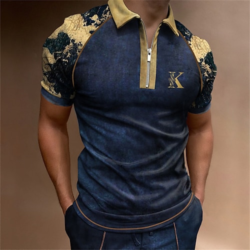 

Men's Collar Polo Shirt Golf Shirt Color Block Turndown Navy Blue 3D Print Casual Daily Short Sleeve Zipper Clothing Apparel Sports Fashion Casual Comfortable