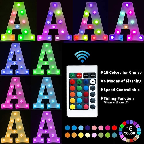 

LED Letter Lights Sign 26 Letters Alphabet with Remote Light Up Letters Sign Colorful for Night Light Wedding/Birthday Party Battery Powered Christmas Lamp Home Bar