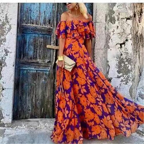 

Women's Swing Dress Maxi long Dress Orange Half Sleeve Print Print Fall Spring Cold Shoulder Casual Sexy 2022 S M L XL 2XL