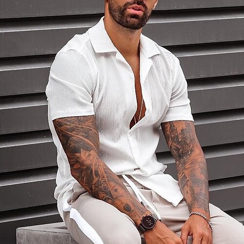 

Men's Shirt Solid Color Turndown Casual Daily Button-Down Short Sleeve Tops Lightweight Fashion Comfortable Big and Tall White