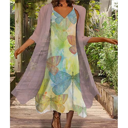 

Women's Two Piece Dress Knee Length Dress Green Pink Dusty Rose 3/4 Length Sleeve Print Butterfly Animal Print Spring Summer V Neck Casual Vacation 2022 S M L XL XXL