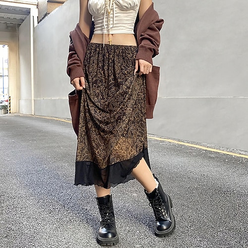 

Women's Fashion Ankle-Length Skirts Holiday Weekend Floral / Botanical Patchwork Brown S M L